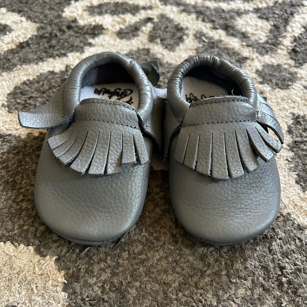 Gray Leather Kids Moccasins